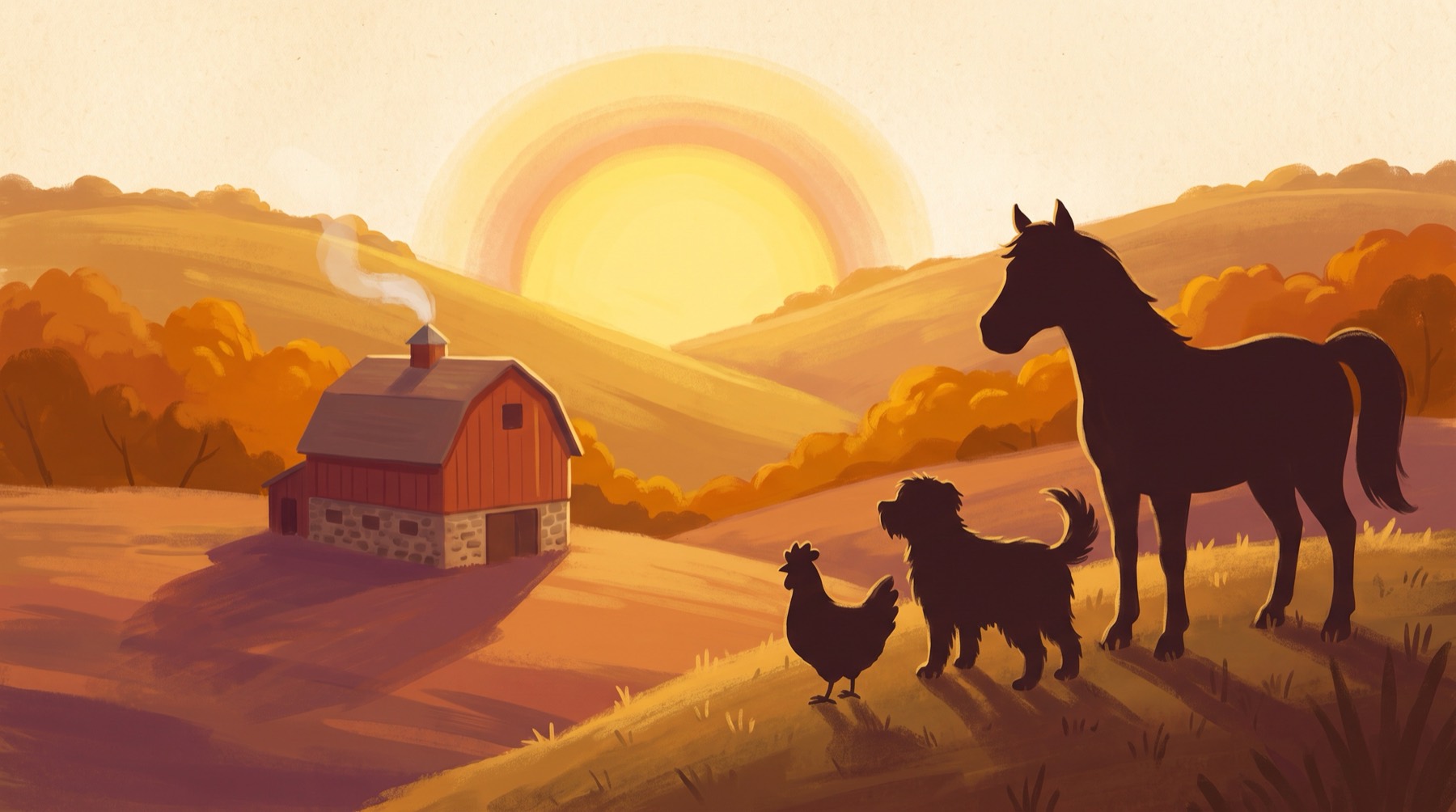 Sunrise over a farm with a horse, dog and chicken